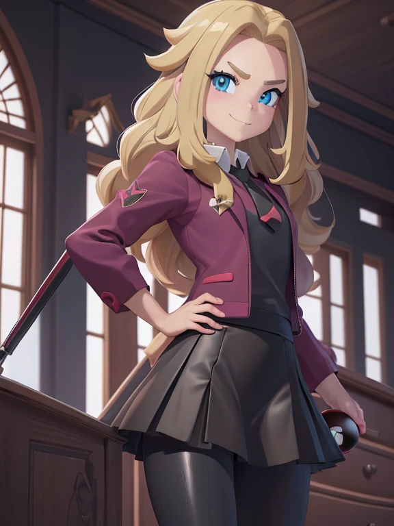 (masterpiece:1.2), best quality, high resolution, unity 8k wallpaper, (illustration:0.8), (beautiful detailed eyes:1.6), extremely detailed face, perfect lighting, extremely detailed CG, (perfect hands, perfect anatomy), a Lass from Pokemon Sword and Shield, blonde hair, blue eyes. (holding a poke ball:1.3). (Wearing: A school uniform, opened magenta jacket, white undershirt, magenta tie, short black skirt and black shiny leggings). Arrogant smile on face, she’s adventurous and ready for a Pokemon battle.