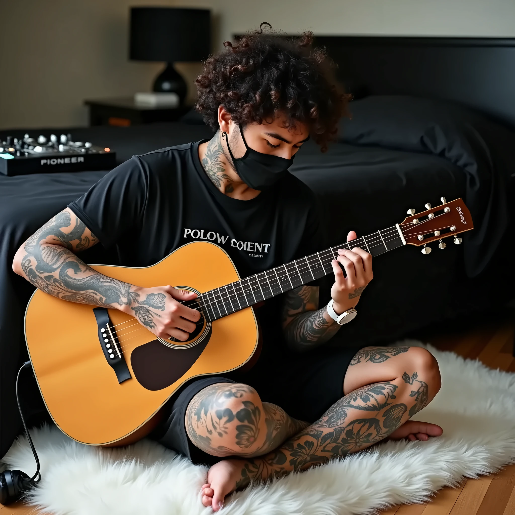 RAW photo,Short punk hair,Textured skin,skin pore,Capable face,hyper realisitc,Combat clothes full of stains,Girl playing guitar,Sit on the edge of the bed,in abandoned house,8K UHD, High quality, Film graininess, Fujifilm XT3 ,Dissection is correct