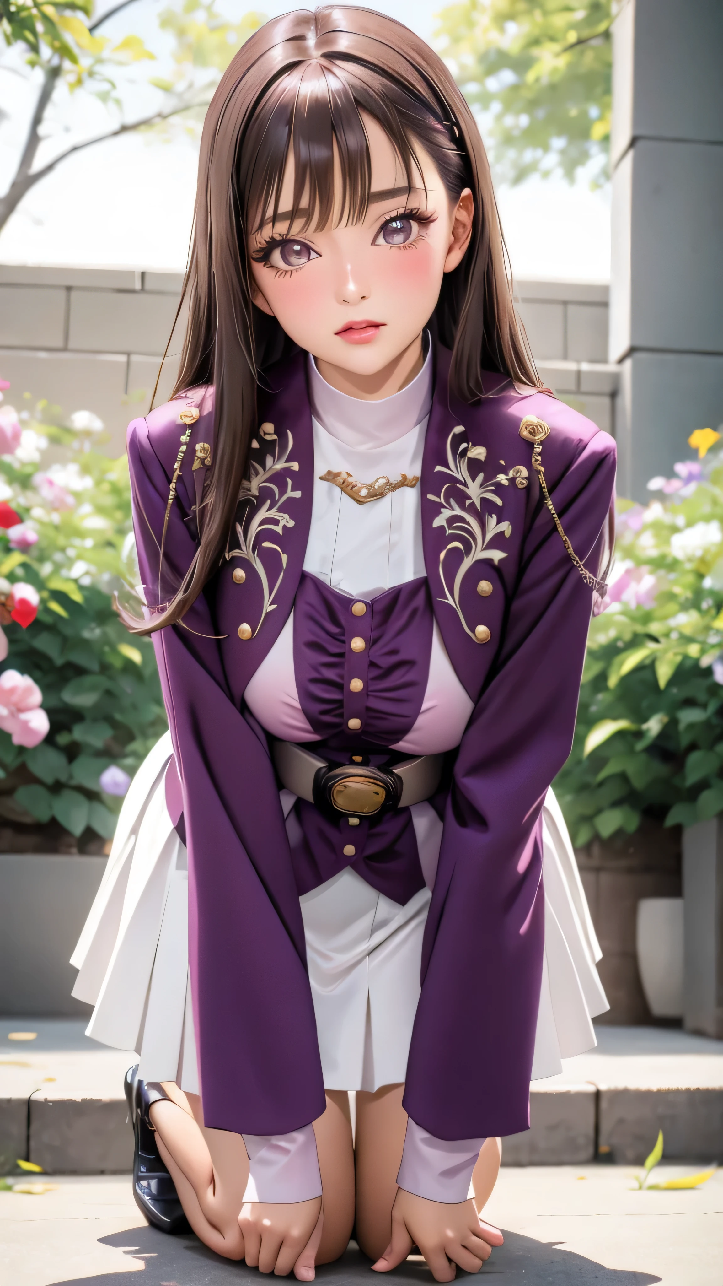 (Extremely detailed CG), (Best Quality), One Woman, Perfect Face,  Shiny skin, Shiny skin, Wide Hips, Narrow waist,  May,May,Purple Jacket,White Skirt, Straight Hair, Long sleeve, belt, Open your mouth a little, Brown Hair, Droopy eyes, Crying, Half-closed eyes, On all fours, I feel, Panting,