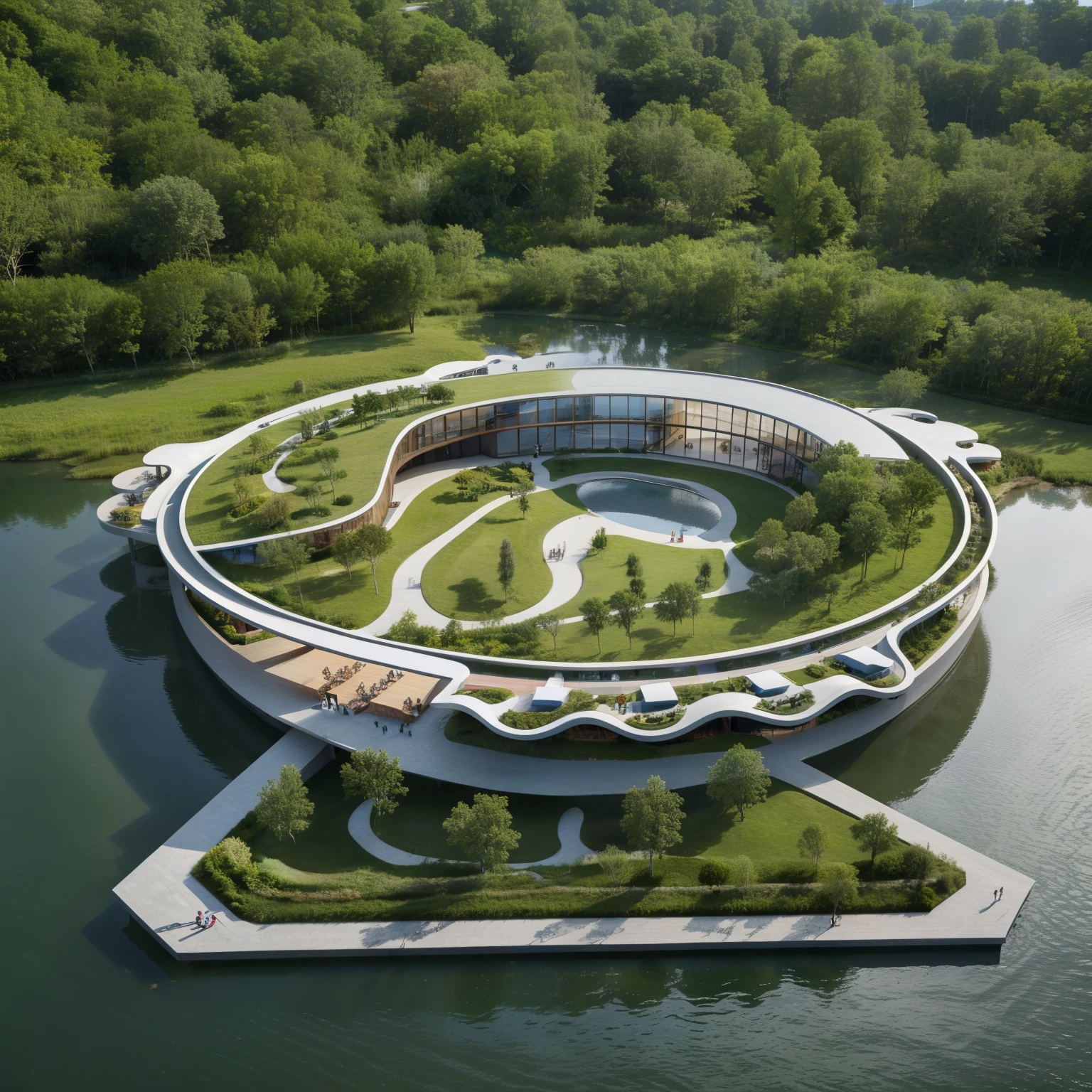 resort on bowl shaped environment by Zaha hadid, house is at the center on green island, surrounded by small lake, realistic, the lake is surrounded by trees, people walking,