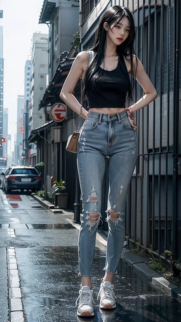 ８ｋ,Realistic skin texture、Superrealism、Realistic photos、Japanese women、、Stand up to your full height. 、Red Tank top, Blue skinny jeans、sneakers、Shinjuku back alley、Innovative Configuration、Full body photo、、A melancholic look、rain 、Black Hair、Kiss face、Large hips、Very Long Hair、Large butt