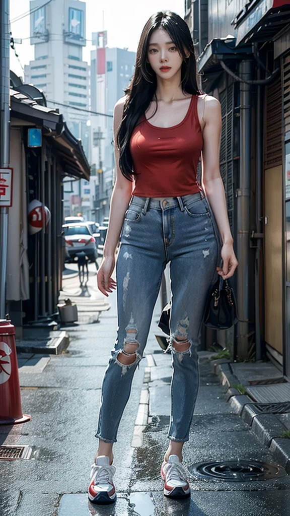 ８ｋ,Realistic skin texture、Superrealism、Realistic photos、Japanese women、、Stand up to your full height. 、Red Tank top, Blue skinny jeans、sneakers、Shinjuku back alley、Innovative Configuration、Full body photo、、A melancholic look、rain 、Black Hair、Kiss face、Large hips、Very Long Hair、Large butt