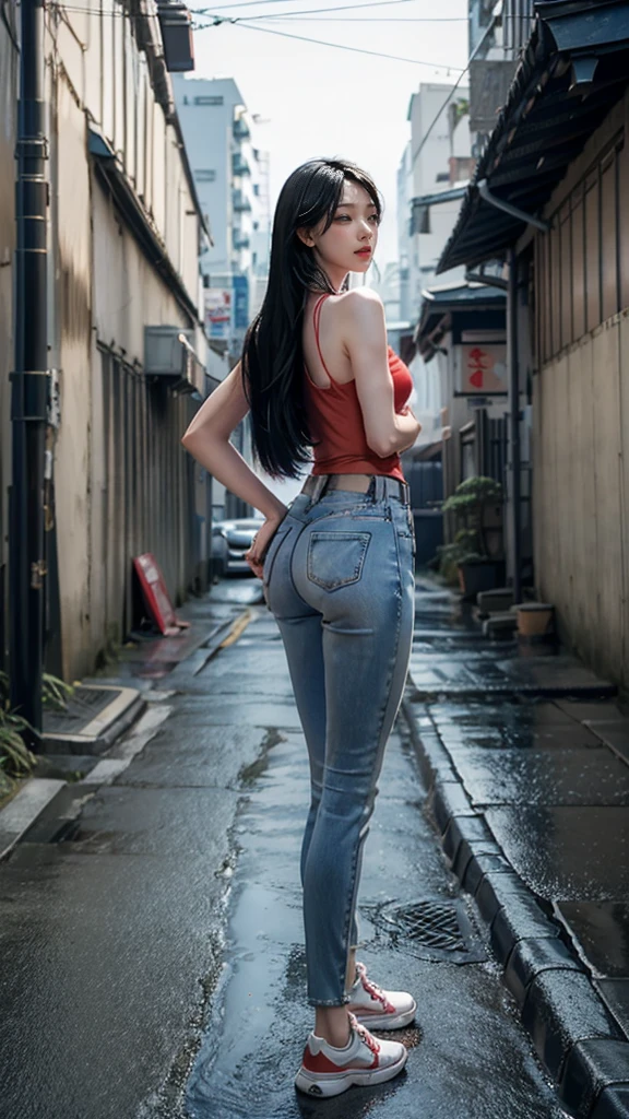 ８ｋ,Realistic skin texture、Superrealism、Realistic photos、Japanese women、、Stand up to your full height. 、Red Tank top, Blue skinny jeans、sneakers、Shinjuku back alley、Innovative Configuration、Full body photo、、A melancholic look、rain 、Black Hair、Kiss face、Large hips、Very Long Hair、Large butt