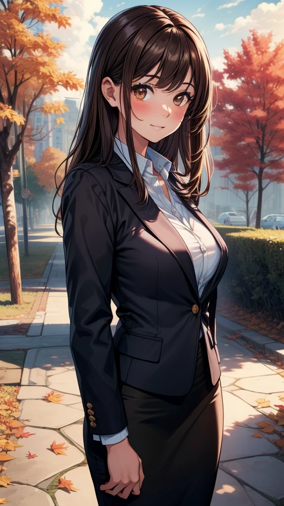 Best Quality, masutepiece, beautiful mature women、Beautiful face、Strong-minded woman、Officelady、(Autumn outfit:1.5)、(brown haired、Bangs are asymmetrical)、((Brown-eyed))、Longhaire、Undersized eyes、(((cyclamen)))、(morning flower garden)、BREAK(poseing)