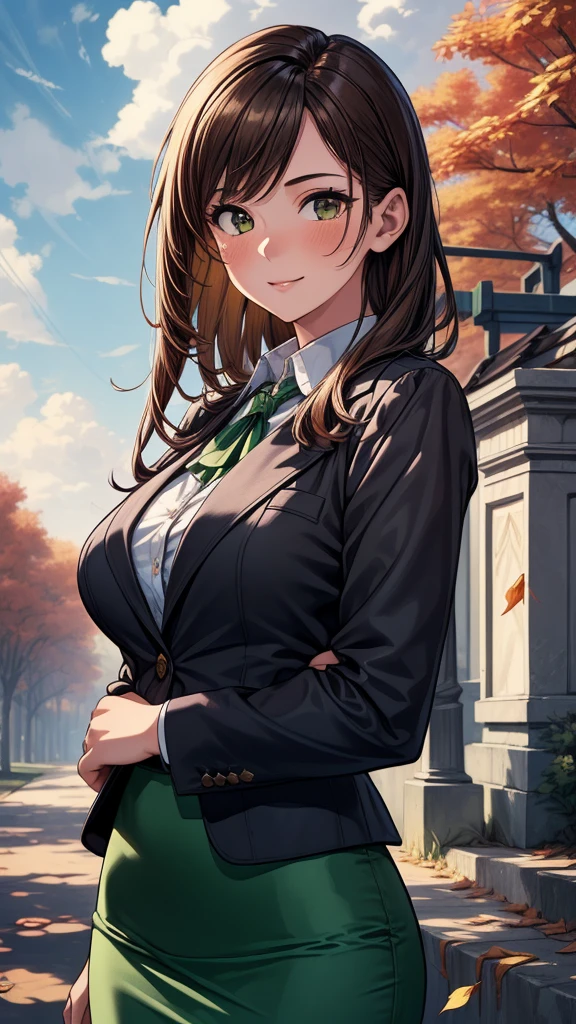 1girl, full body, solo, summer, village, trees, sun, clouds, ((brown hair)), ponytail, large breasts, ((black blazer)), button down shirt, ((white shirt)), ((short sleeved shirt)), ((unbuttoned shirt)), unbuttoning buttons, cleavage 1:3, brown eyes, skirt, smile, looking at the viewer, standing, hair ribbon, golden necklate, shoulder bag