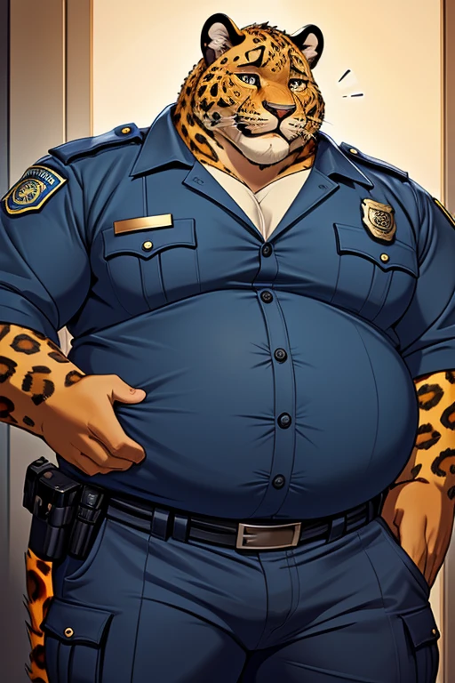 Benjamin Clawhauser (leopard, extremely huge belly, extremely fat ( 1000 lb: 1.1 ), huge bloated body, superobesity, morbid obesity, fluffy, haired, big chubby cheeks, huge fat face), police man, police uniform, tight clothes, button pop, fully dressed 