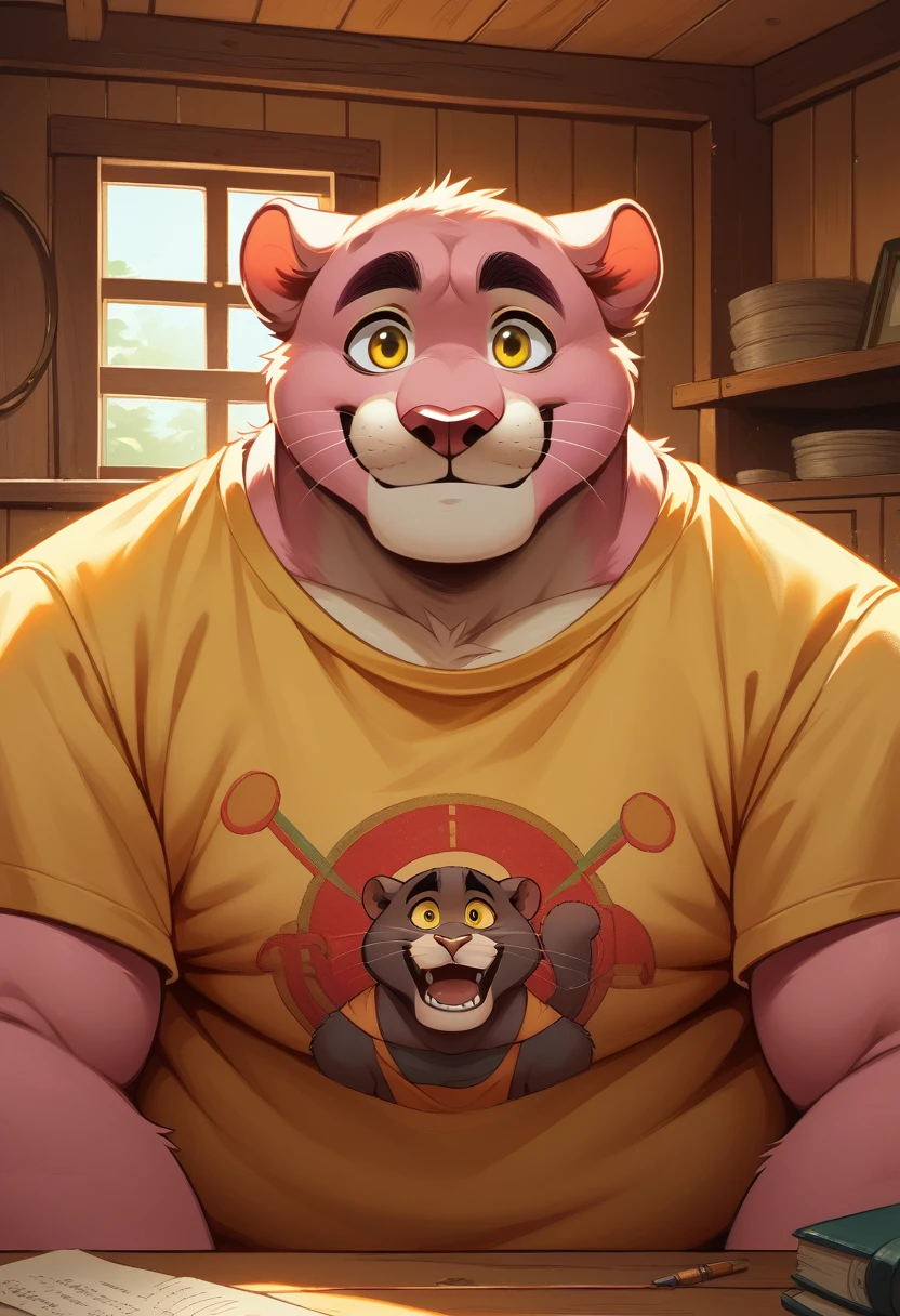 he is a muscular Chuuby tiger furry who has a cheerful nature and wears glasses and long ears like a cat then he  cumming in his room with his long cock