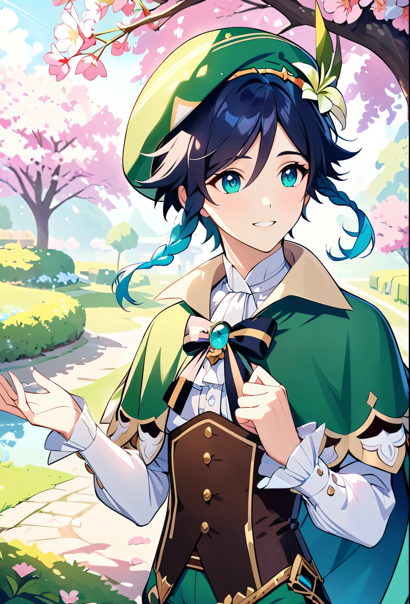 (best quality,4k,8k,highres,masterpiece:1.2),1boy,venti genshin impact,male focus,flat chest,ultra-detailed,morning of spring,delicate light rays,soft color palette,elegant curves,effects of light and shadow,flower petals falling,springtime essence,ethereal atmosphere,peaceful garden background,morning dew,soft sunlight filtering through trees,vividly colored blossoms,transcendent beauty,awe-inspiring artwork,white long-sleeved shirt, brown corset,green shorts, white tights,green cape,hat,brooch,green eyes,flirty smile,cinematic lighting, ray tracing, UHD, high details, high quality, award winning, super detail,wind