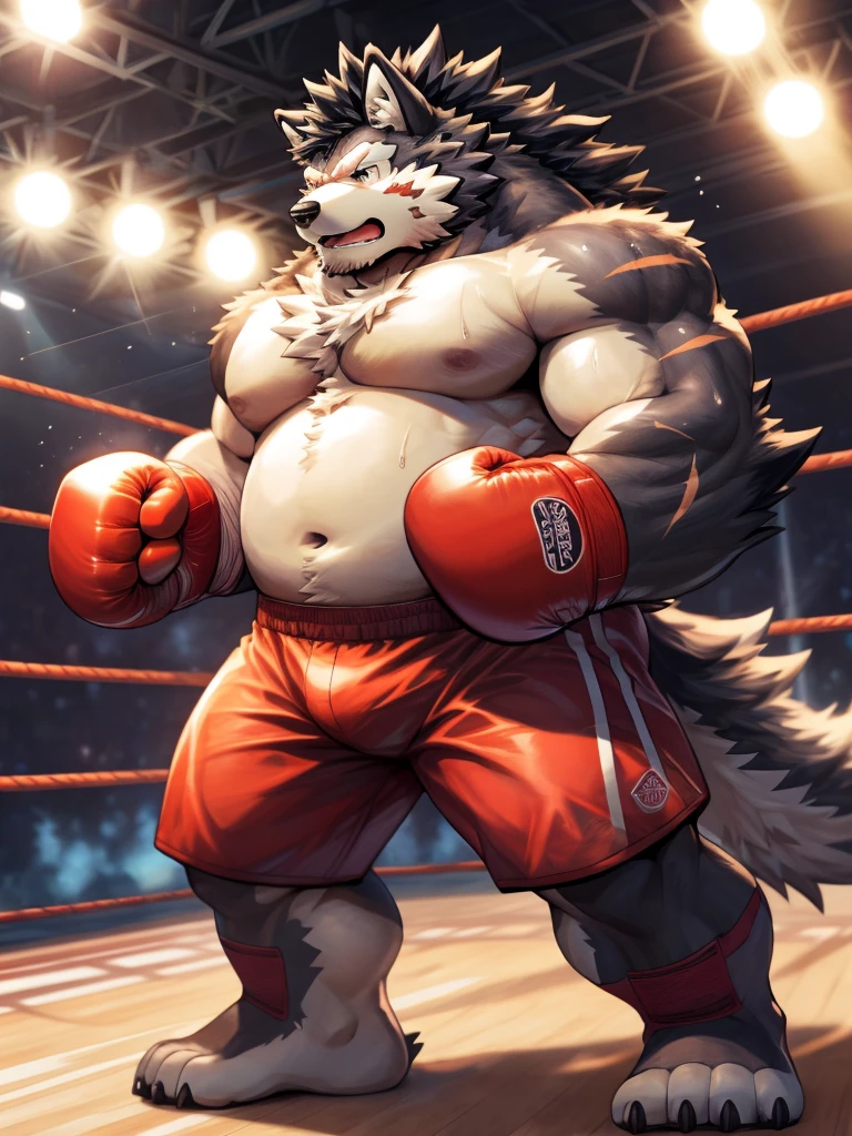 Rugged, Heavyweight man with big belly and fat body, Plump face, Dark grey hair with a noticeable scar, Wearing boxing gloves and boxing shorts,, Exhausted, Surrounded by fluffy, Shaggy Yemeni Wolf or Wolf-oak,Boxing ring background, Very detailed, High resolution, Dynamic lighting and vibrant colors for stunning images, The man looks excited and disdainful, Closed stance full body shot, In cartoon style, By Arashi Takeuchi, Zixiong, Tuni, and、Ghost in the Sky, Boxing ring in the background,sweat:1.5