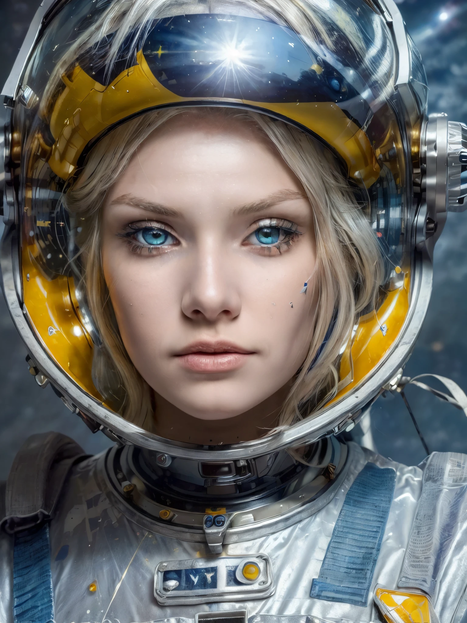 (A better quality masterpiece in close-up:1.5)0.9], (space and astronaut:1.2) (messy silver hair:1.1) (yellow eyes with heterochromia and blue eyes:1.2) (space helmet:1.0) (colored stars in the eyes:1.0) (radiant light:1.1) (big lips:0.9)