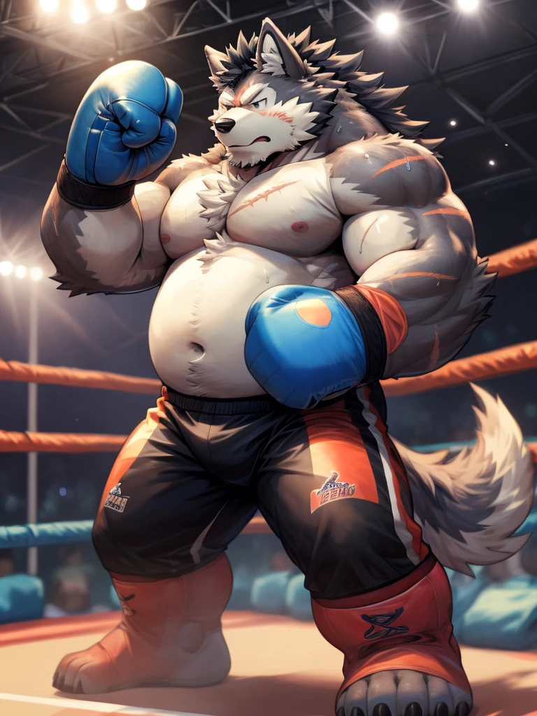 Rugged, Heavyweight man with big belly and fat body, Plump face, Dark grey hair with a noticeable scar, Wearing boxing gloves and boxing shorts,, Exhausted, Surrounded by fluffy, Shaggy Yemeni Wolf or Wolf-oak,Boxing ring background, Very detailed, High resolution, Dynamic lighting and vibrant colors for stunning images, The man looks excited and disdainful, Closed stance full body shot, In cartoon style, By Arashi Takeuchi, Zixiong, Tuni, and、Ghost in the Sky, Boxing ring in the background,sweat:1.5