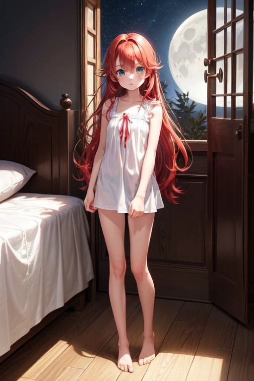 masterpiece, best quality, nsfw,
1girl, view from below,
lift up the skirt, white dress, white panties, red hair, embarrassed face,
a lot of sweat, bedroom, late night