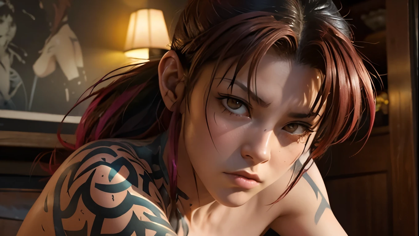 Revy from Black Lagoon, nude, Neon Light, This piece is painted in an angular, realistic style., Sharp focus with great detail. The colors are vibrant and contrasting, Reduce the saturation a little to create atmosphere. Shadows that emphasize the overall composition. The medium used is digital illustration., The intense life々Showing new qualities. The end result is an ultra-high resolution masterpiece,Completely naked、Showing her breasts、Pink nipples