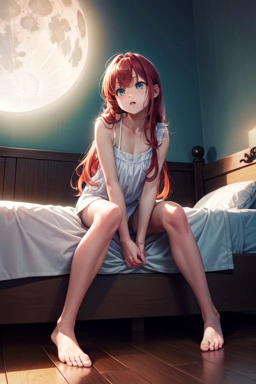 Masterpiece, Best Quality, Official Art, (Highly Detailed CG Unity 8k wallpaper), Detailed background, (Hands by Guido Daniele: 1.1), Feet out of frame, First Person View, 1, Beautiful woman who is attractive and perfect, Lying face down on the bed, Turning away, (Curvaceous), (((Sleepy: 1.14))), (Sticking out your butt)))), (Pajamas, sleepwear, underwear, white thighs: 1.12 (Red Long Hair: 1.12), (Ahoge: 1.13), (High Ponytail: 1.12), (Green Eyes: 1.13), Look at the Beholder, Big, (cleavage), Beautiful Face, (Blush: 1.11), (Smile: 1.11)