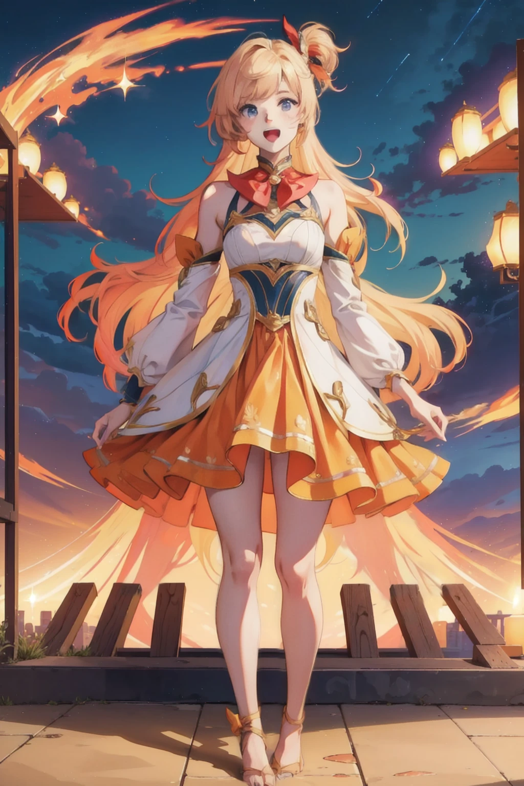 ((photo by full body, standing, Feet on the ground))  (Masterpiece:1.4), (best quality:1.2), star guardian seraphine, blonde hair, orange hair, multicolored hair, multicolored clothes, dress, hair bow, detached sleeves, smile, upper body, cowboy shot