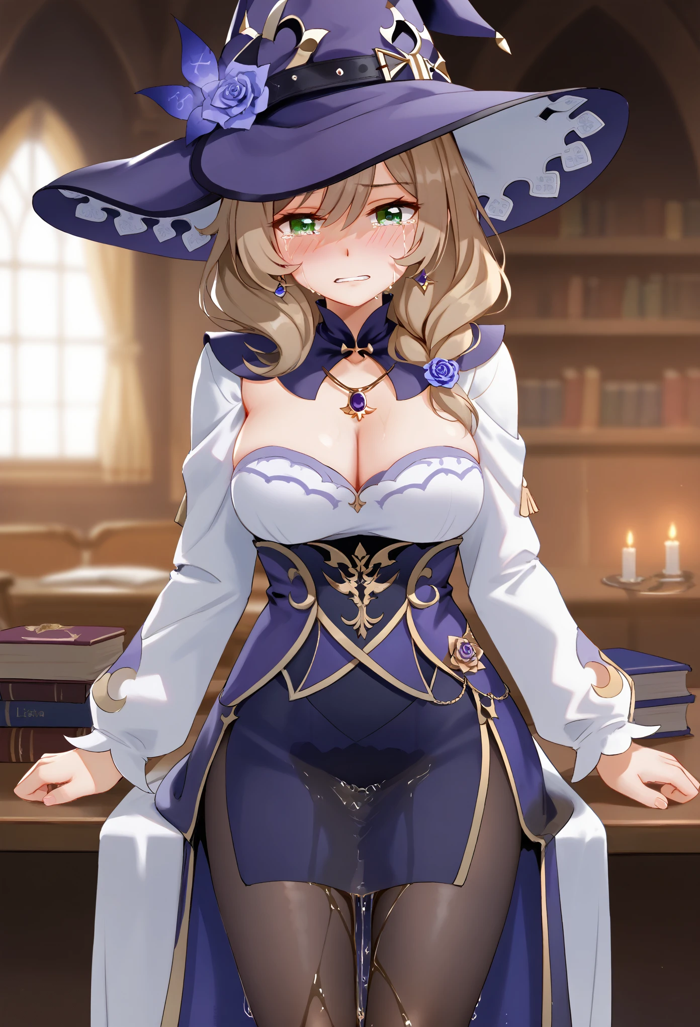 (\li sha\), 1girl, breasts, lisa \(genshin impact\), A detailed, highly photorealistic portrait of a young woman with beautiful green eyes, brown hair, and bangs, wearing a witch hat, dress, (black pantyhose:1.5), and purple headwear with earrings, (1girl, detailed eyes, extremely detailed face), beautiful detailed eyes, extremely detailed eyes and face, long eyelashes, brown hair, green eyes, jeans, witch hat, purple headwear, earrings, long hair, bangs, hair ornament, (wetting self:2.0), humiliation, blushing, angry, tears, (seiza:1.5), (best quality, 4k, 8k, highres, masterpiece:1.2), ultra-detailed, HDR, UHD, studio lighting, ultra-fine painting, sharp focus, physically-based rendering, extreme detail description, professional, vivid colors, bokeh, portrait