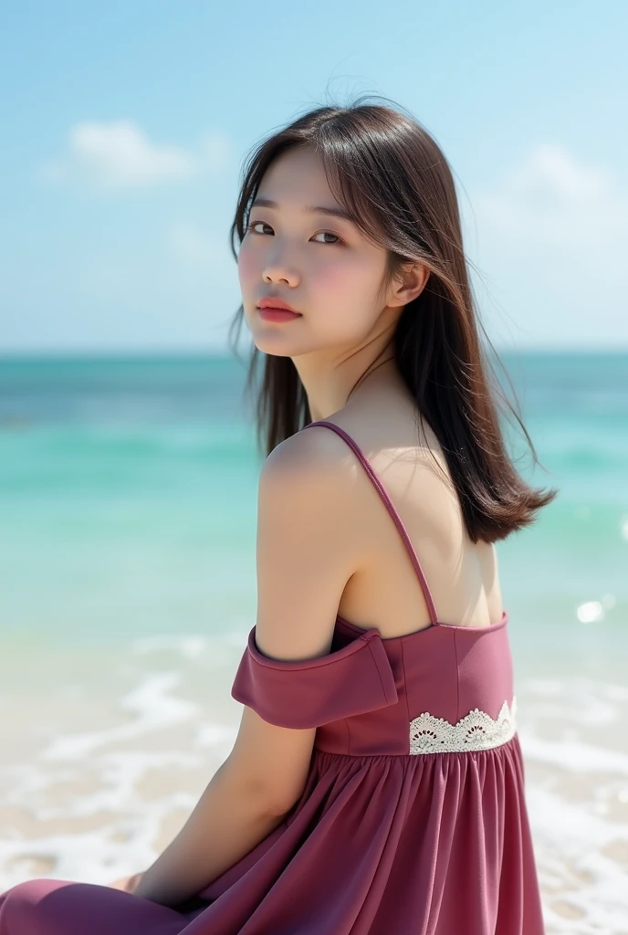 8K、13-year-old beautiful girl、detailed beautiful faces、up of face、Tube Top、Entering the sea up to the chest、the setting sun