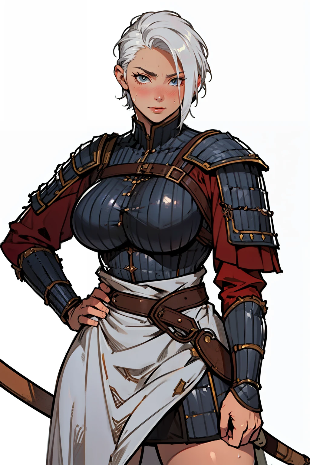 (high resolution, pixel perfect, gorgeous illustrations), (hyper quality, muste piece, etheric: 1.4), ((((cowboy_shot)))), ((1woman)), ((((forties)))), face focus, (((((hand on own hips))))), leaning forward, cool atmosphere, ((((white hair, very_short_hair, slicked_back_hair)))), (((Exquisite face))), blush, ((((((muscular_female)))))), ((thick thighs, wide hips, Big breasts that are about to burst)), (((armor))), kneehighs, sweat, shiny skin, gleaming skin, simple background,