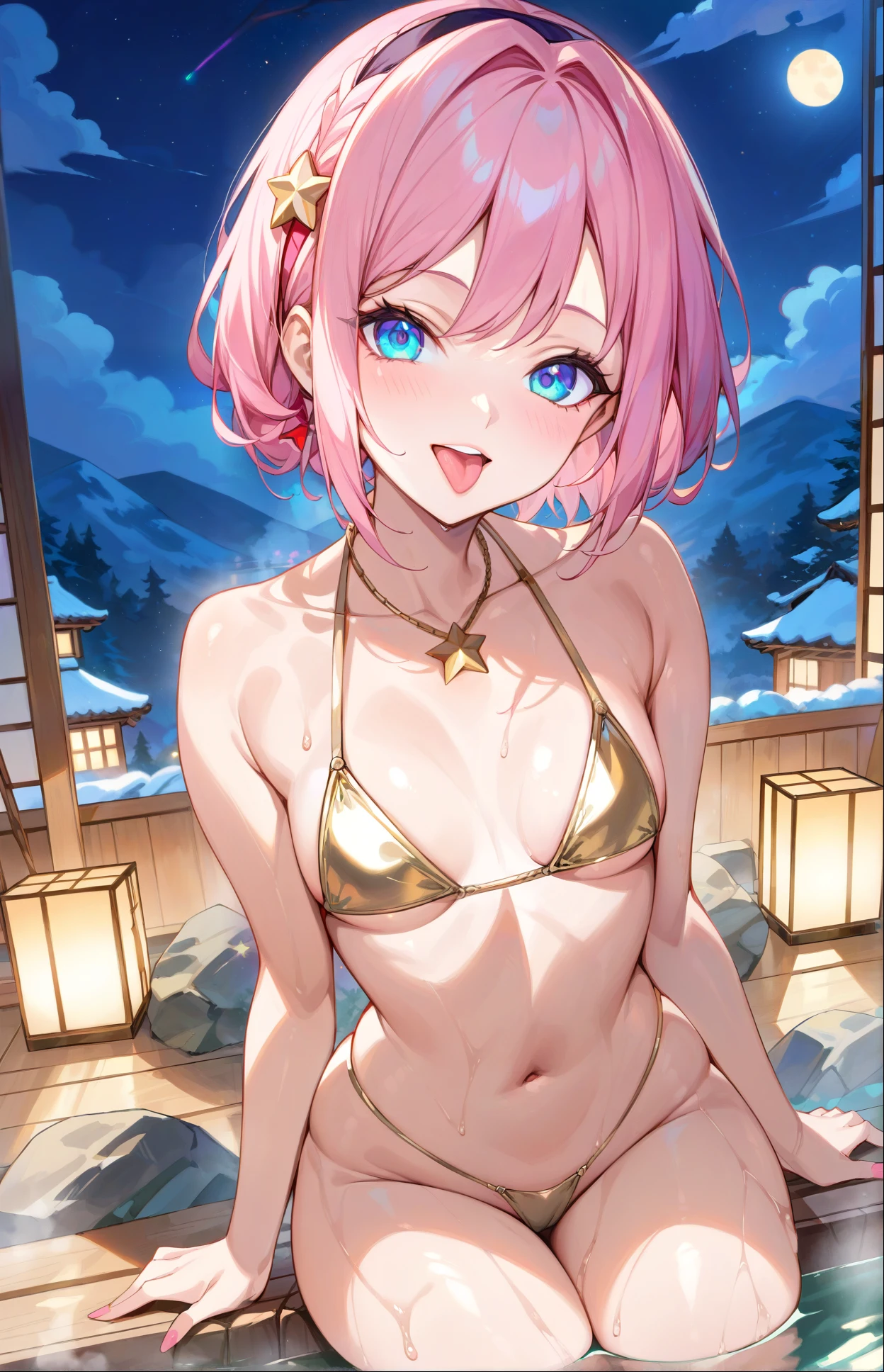 score_9, score_8_up, score_7_up, 1girl, 4k, sakura haruno, anime style, vibrant colors, masterpiece, pink hair, sitting ona onsen hot spring at night, beautiful lights, skimpy bikini, gold star necklace, (naturally sagging small breasts:1.2), sexy pose, mouth open, tongue out, steam, close up on ass pov,