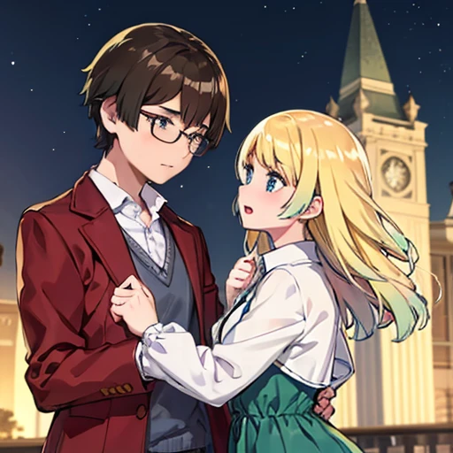 1 boy with black hair, Red jacket and glasses romantically kissing a girl with blonde hair with green tipsand blue eyes, white dress. Church at night in the background., True love, blushing cheeks, high quality 