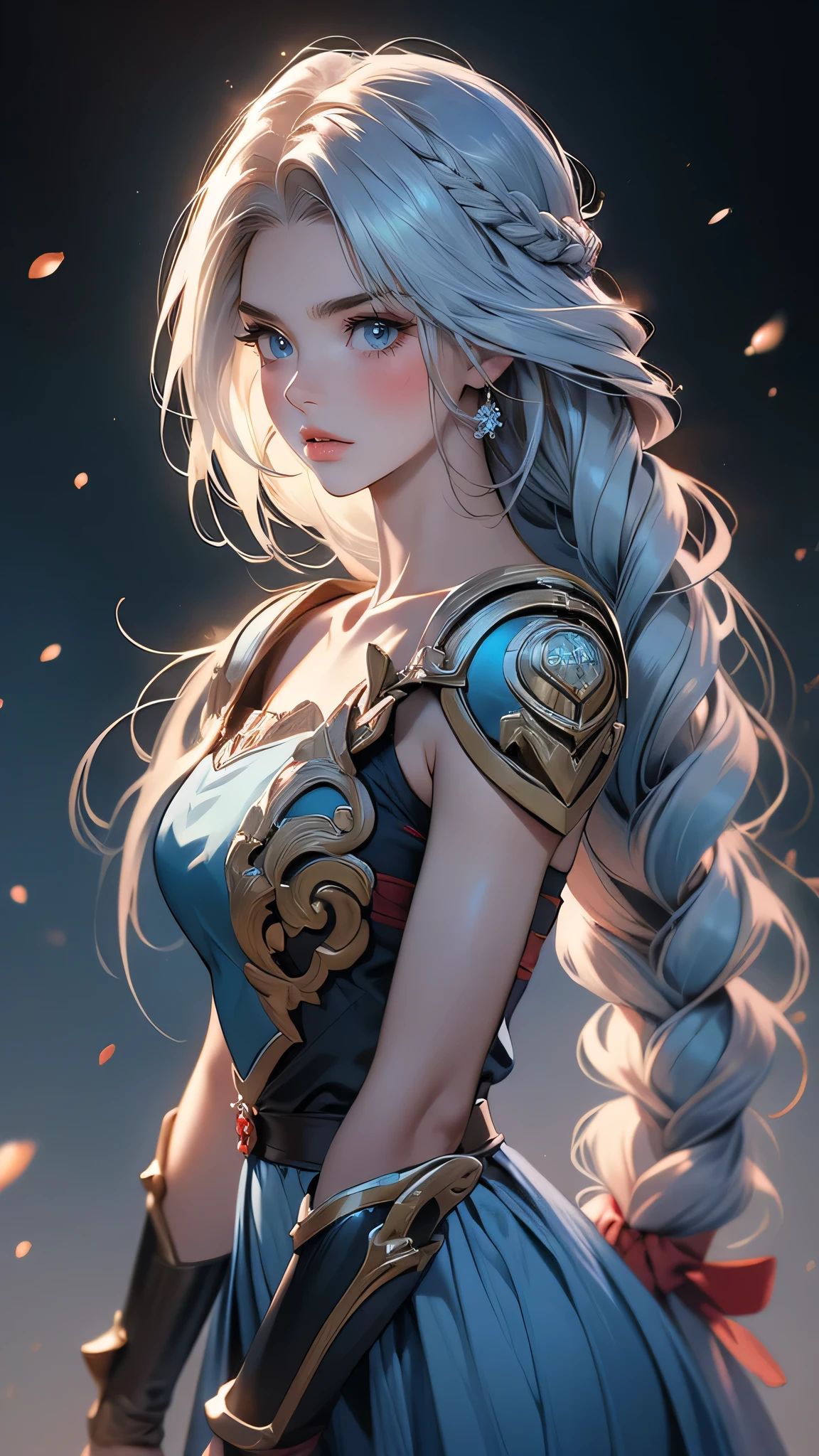 ((Masterpiece)), envision a 8k, highres, cinematic, extremely beautiful semi realistic full body pinup of a beautiful mature lady with a strong face, slender body, mean face, ((long braided light blue hair)), armour , blush, flustered, side locks, round face, long sweeping bangs, blue eyes, soft lips, lip gloss, thick eyebrows, round face, ((((1girl)))), in dark lighting, against a dark gray background
