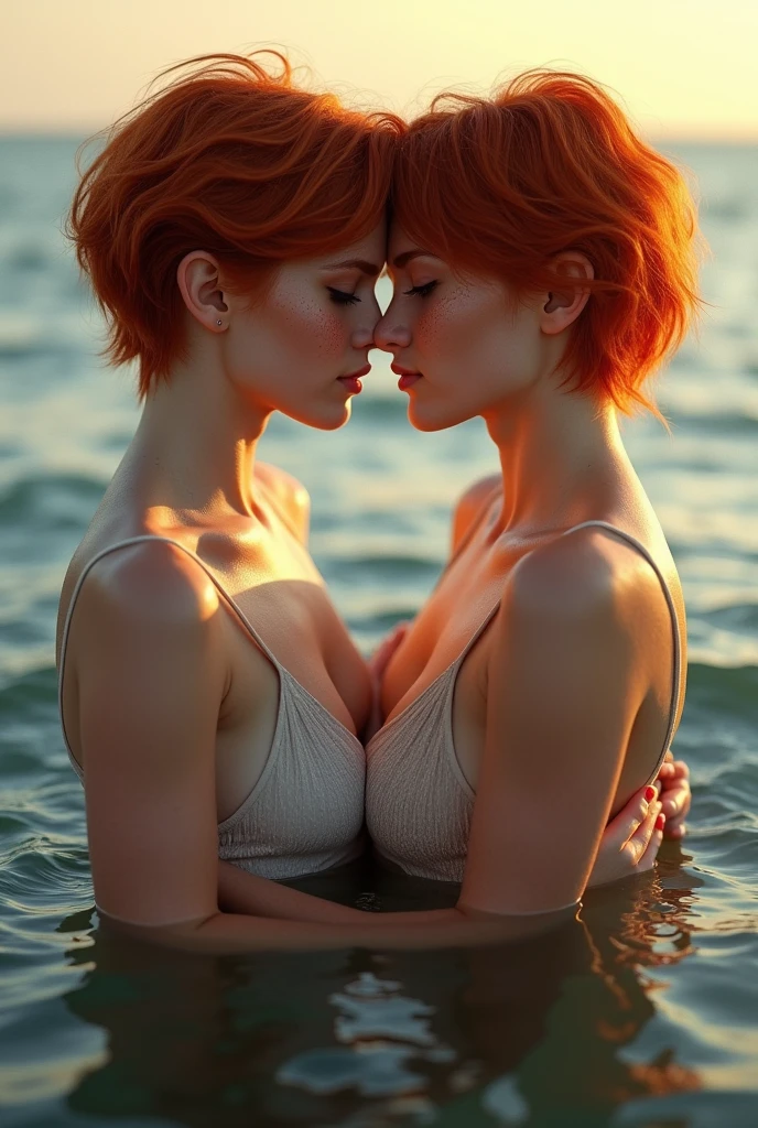 A beautiful 2 woman, short wild orange messy hair, shirtless looking at camera, long skirt, standing in the water of a river, volcanoes with snow in the background, detailed and realistic with sunset and boat and fisherman and more intense and dramatic