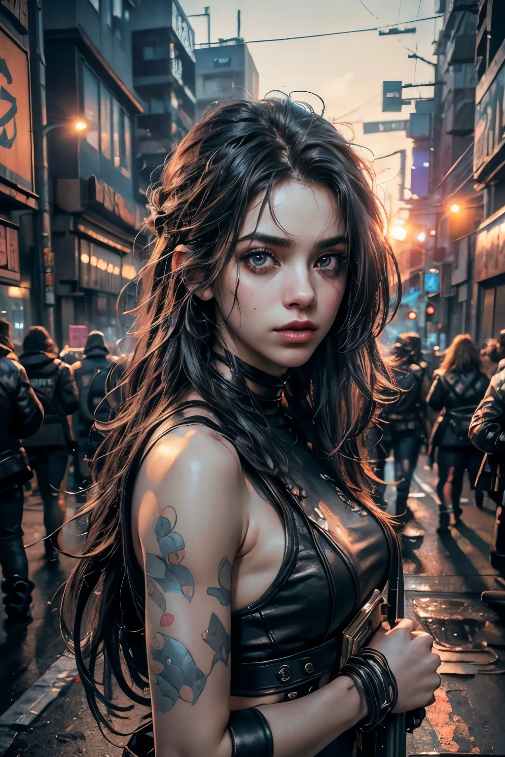 (masterpiece,best quality, ultra-realistic, 32k, RAW photo, detailed skin, 8k UHD, high quality:1.2), street grunge style portrait of a young beautiful cyberpunk woman, messy long hair, revolution, riot gear, cyberpunk city background, megacity, sunset, paint style of Mike Winkelmann, high detail, digital art 