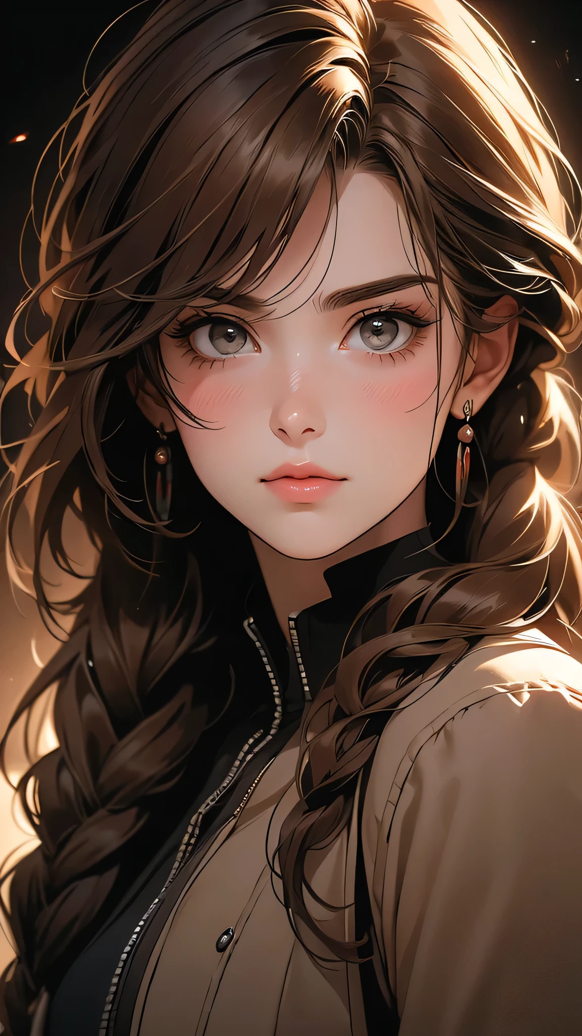 ((Masterpiece)), envision a 8k, highres, cinematic, extremely beautiful semi realistic close up portrait of a beautiful mature lady with a strong face, slender body, mean face, ((long braided light brown hair)), brown combat jacket, blush, flustered, side locks, round face, long sweeping bangs, brown eyes, soft lips, lip gloss, thick eyebrows, round face, ((((1girl)))), in dark lighting, against a dark gray background