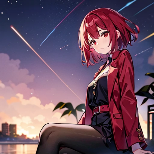 A girl with red eyes and bright hair, red blouse and shirts, green crystal on her chest, sitting next to a boy with short black hair on the lips, ojos marrones, lentes, red jacket with a night city behind them and shooting stars in the sky, kind eyes and true friendship between them