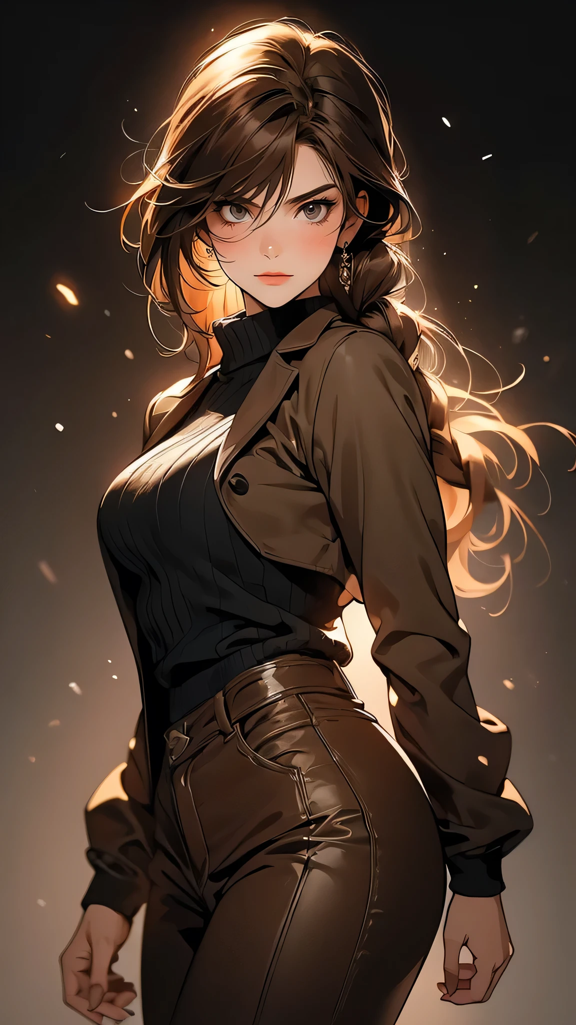 ((Masterpiece)), envision a 8k, highres, cinematic, extremely beautiful semi realistic full body pinup of a beautiful mature lady with a strong face, slender body, mean face, ((long braided light brown hair)), brown combat jacket, blush, flustered, side locks, round face, long sweeping bangs, brown eyes, soft lips, lip gloss, thick eyebrows, round face, ((((1girl)))), in dark lighting, against a dark gray background