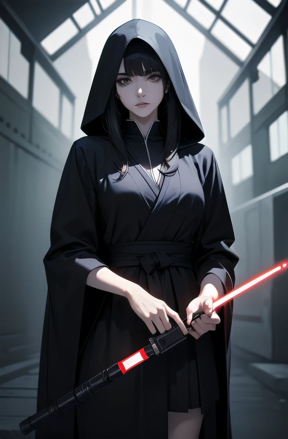 Shadow Face、Star Wars, jedi, black jedi robe、Black Robe, black belt,Star Wars concept art, Star Wars、jedi、Lightsabers、Black Robe、jediの服、Black hoodを被る、Star Wars、beautiful girl、cute、Droopy eyes、Black Hair、Beautiful Long Hair、Straight hair、bangsbangs、bangs、hime cut、Big Breasts、Slim body、slim、(Best Quality,4K,High resolution,Masterpiece 1.2),Very detailed,Real 1.37,Spooky Background,Dark fantasy,Black Theme,Ominous atmosphere,Eye-catching,Anime Style,Concept Art,beautiful, Delicate facial features, pale Skin, night、Dim lighting、Dark Background, Cinema Lighting, Dramatic Shadows, Spooky atmosphere, Dark words, 1 person&#39;S, Red cheeks, ,(Lightsabers1.3),ruins,(Wasteland 1.3),((Flowing Black Hair)), Female Curves, Sexy flat stomach, Perfect hands, Extend one hand、Perfect anime character face, (Black hood)), standing, ((Black Robe), ,(STAR WARS 1.3), In the forest, Moonlight Illumination, Night lighting, jungle、Space Fantasy,SF, Skeleton Gas Light,Absurd, High resolution、 ((STAR WARS)), ((Best Quality)), (Very detailedな), ((Very detailed)), (beautiful), ((cute)), 1 person,(1.6)、beautiful face、Full Body Ezbian、pale, Beautiful skin、Big Breasts、Beautiful body、Slim body、beautiful feet、Smiling Kindly、Dark Building Ruins、(Ruins 1.3)、Low angle full body shot、(Creepy 1.3)、(The girl lost a lot of blood...............1.3)、Spirits、Droopy eyes、bangs, Long Hair, Star Wars、jedi、Blue Lightsabers、Ready your Lightsabers、Star Wars Background、Ruins、In the forestで、night