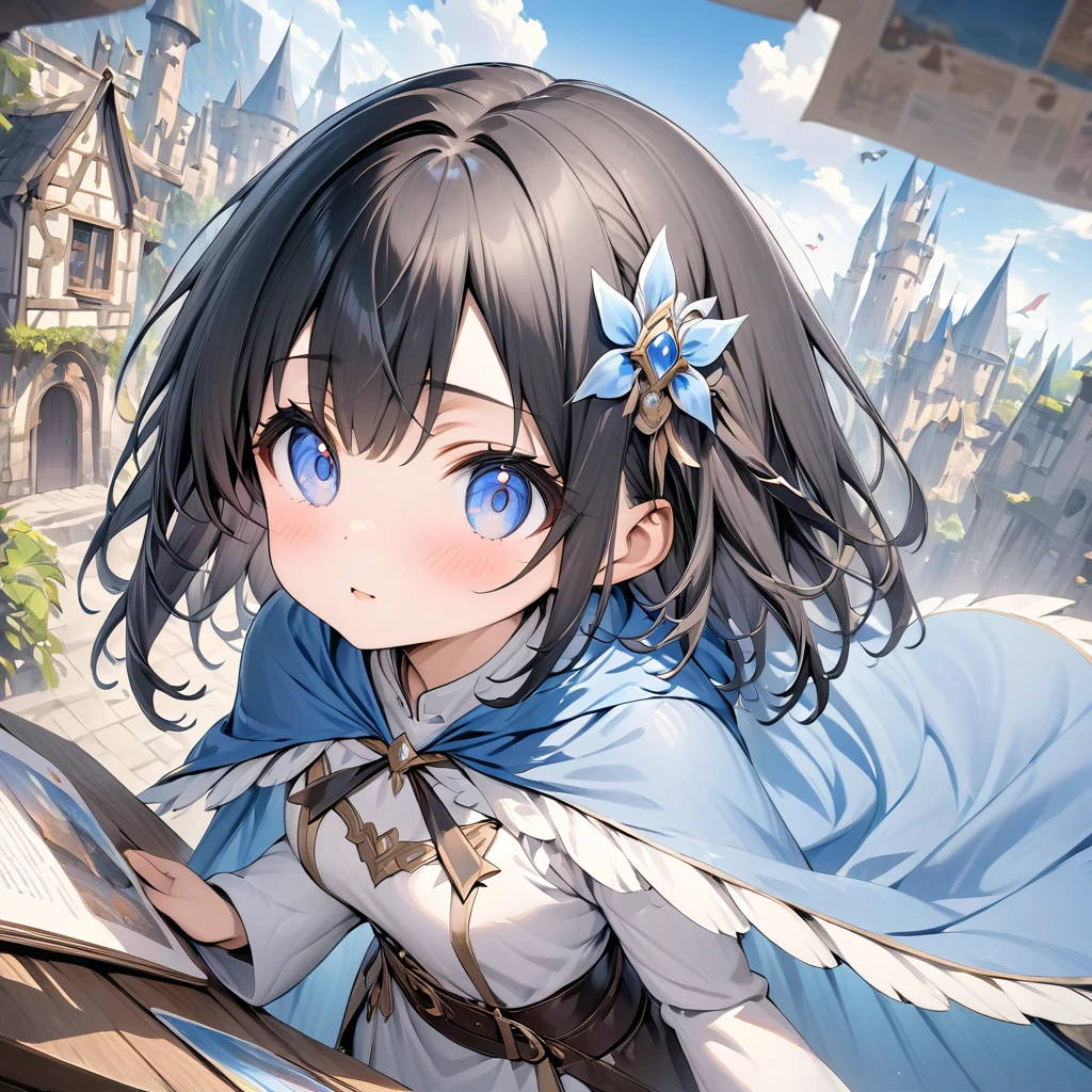 (detailed:1.2),(Illustration icon),超High resolution, Attention to detail, High image quality, High resolution, 最High image quality, 4K, 8k, (Artwork)、Clear sky、cute、Black Hair、short、Hair Accessories、Works that emphasize the sky and blue、Poster、(Fantasy World Costumes:1.2)、(Blue Cape:1.37)