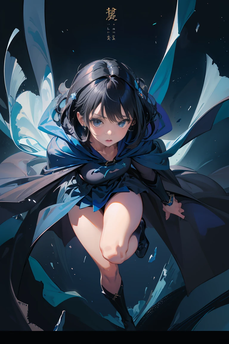 (detailed:1.2),(Illustration icon),超High resolution, Attention to detail, High image quality, High resolution, 最High image quality, 4K, 8k, (Artwork)、Clear sky、cute、Black Hair、short、Hair Accessories、Works that emphasize the sky and blue、Poster、(Fantasy World Costumes:1.2)、(Blue Cape:1.37)