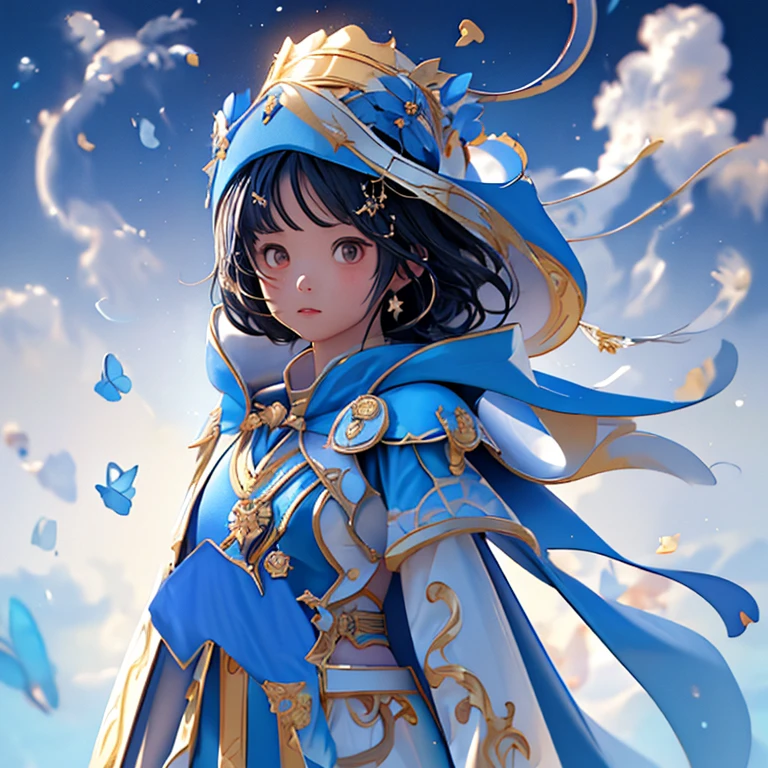 (detailed:1.2),(Illustration icon),超High resolution, Attention to detail, High image quality, High resolution, 最High image quality, 4K, 8k, (Artwork)、Clear sky、cute、Black Hair、short、Hair Accessories、Works that emphasize the sky and blue、Poster、(Fantasy World Costumes:1.2)、(Blue Cape:1.37)