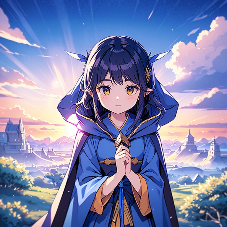 (detailed:1.2),(Illustration icon),超High resolution, Attention to detail, High image quality, High resolution, 最High image quality, 4K, 8k, (Artwork)、Clear sky、cute、Black Hair、short、Hair Accessories、Works that emphasize the sky and blue、Poster、(Fantasy World Costumes:1.2)、(Blue Cape:1.37)