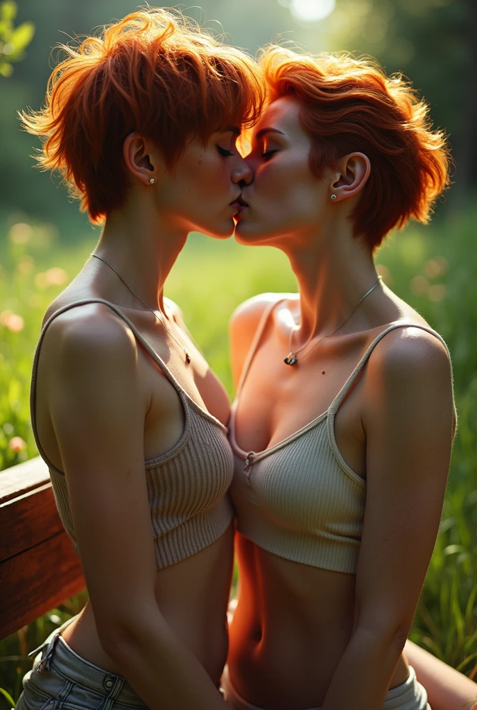 2  girls with very pretty short curly orange hair with freckles, kissing in bed without clothes