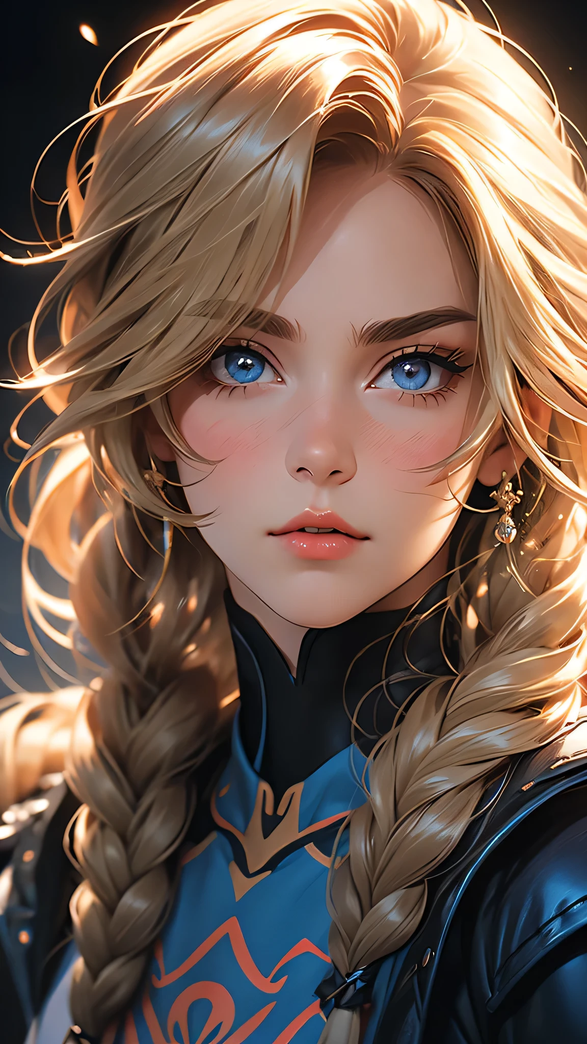 ((Masterpiece)), envision a 8k, highres, cinematic, extremely beautiful semi realistic close up portrait of a beautiful mature lady with a strong face, slender body, SheikZ, WMASK, bodysuit, mean face, ((long braided blonde hair)),  blush, flustered, side locks, round face, long sweeping bangs, blue eyes, soft lips, lip gloss, thick eyebrows, round face, ((((1girl)))), in dark lighting, against a dark gray background