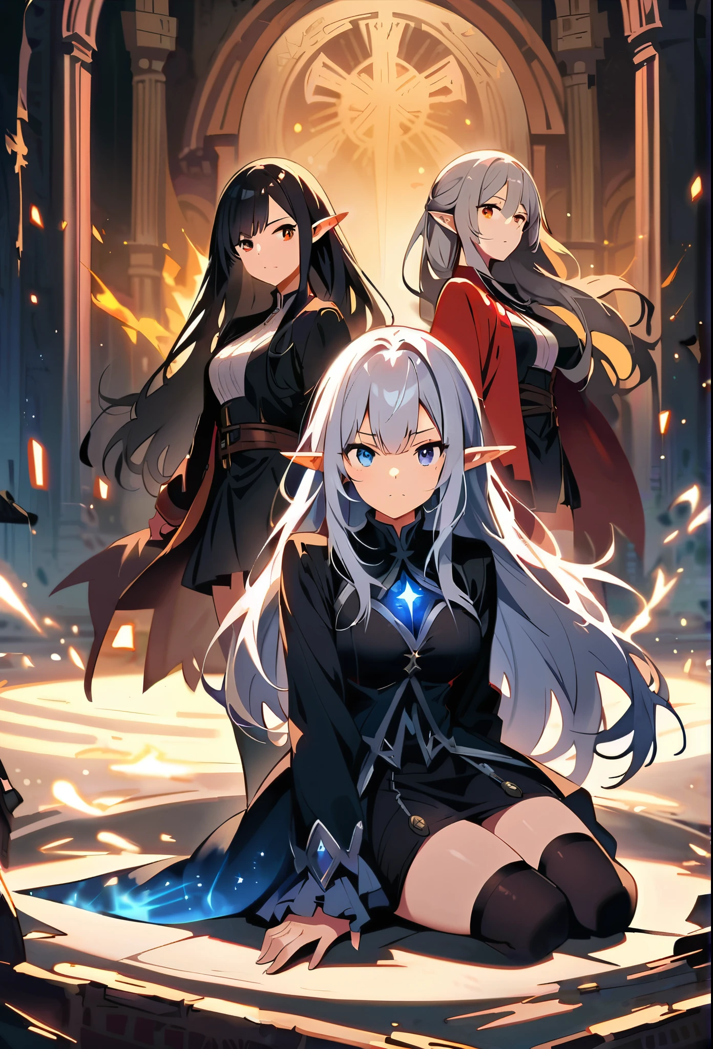 Dark Elf, Two Girls, Pointy Ears, thighhighs, Long Hair, Kneel, Black Hair, Staring at the viewer, Gray Hair, magic movie scene，Fantasy，magic