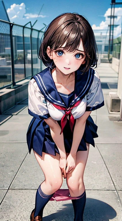 (((perfect anatomy, anatomically correct, super detailed skin))), ((panties pulled down)), 1 girl, japanese, high school girl, shiny skin, watching the viewer, 
beautiful hair, beautiful face, beautiful detailed eyes, (short hair:1.1, bob cut:1.2), dark blonde hair:1, blue eyes, babyface, mole under eye, 
beautiful clavicle, beautiful body, beautiful breasts, large breasts:0.5, beautiful thighs, beautiful legs, 
((short sleeves, all dark blue cute sailor suit, dark blue pleated skirt, dark blue sailor collar, sailor scarf, socks, brown loafers)), seductive thighs, (red slave collar), 
((, ashamed, , , )), standing, 
(beautiful scenery), summer, school rooftop, building, chain-link fence, 
8k, top quality, masterpiece​:1.2, extremely detailed), (photorealistic), beautiful illustration, natural lighting, ,