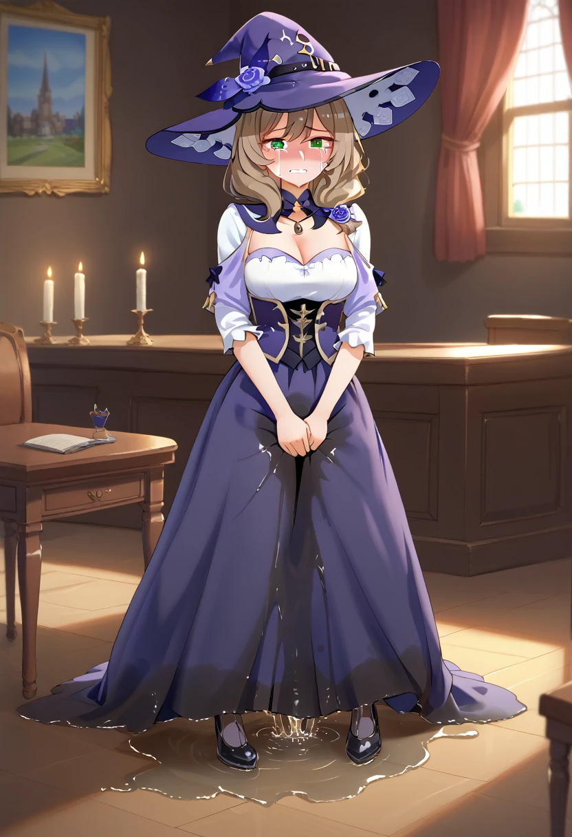 (\li sha\), 1girl, breasts, lisa \(genshin impact\), A detailed, highly photorealistic portrait of a young woman with beautiful green eyes, brown hair, and bangs, wearing a witch hat, dress, (long dress:1.5), (black pantyhose:1.5), and purple headwear with earrings, (1girl, detailed eyes, extremely detailed face), beautiful detailed eyes, extremely detailed eyes and face, long eyelashes, brown hair, green eyes, jeans, witch hat, purple headwear, earrings, long hair, bangs, hair ornament, (wetting self:2.0), humiliation, blushing, angry, tears, standing, (best quality, 4k, 8k, highres, masterpiece:1.2), ultra-detailed, HDR, UHD, studio lighting, ultra-fine painting, sharp focus, physically-based rendering, extreme detail description, professional, vivid colors, bokeh, portrait