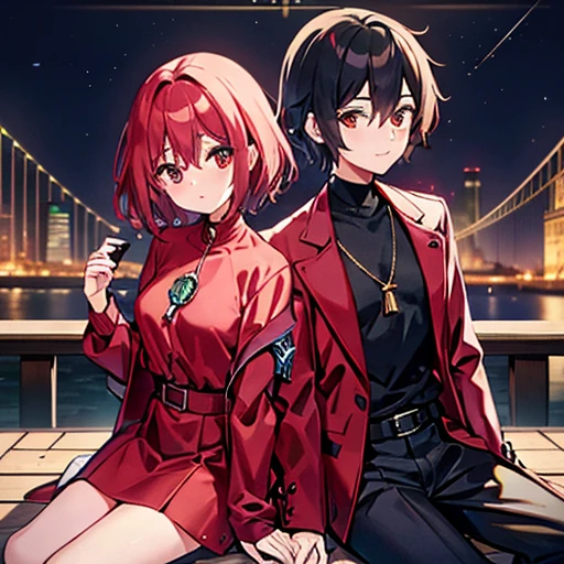 A girl with red eyes and bright hair, red blouse and shirts, green crystal on her chest, sitting next to a boy with short black hair on the lips, ojos marrones, lentes, red jacket with a night city behind them and shooting stars in the sky, kind eyes and true friendship between them