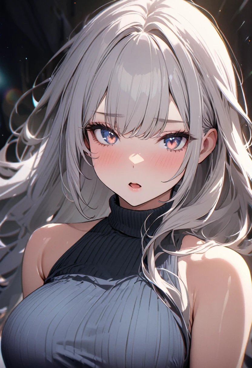 1girl,looking up,pov,From above,long hair,White hair,grey eyes,shiny hair,breasts,masterpiece, best quality, very aesthetic, absurdres,upper body,front view,face focus,open mouth