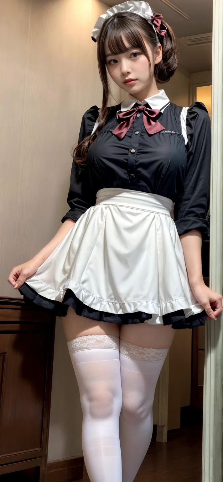 masterpiece, best quality, illustration, Super detailed, fine details, High resolution, 8K,wall paper, perfect dynamic composition,(Details High quality, realistic depiction of eyes:1.3), short hair, (wavy hair:1.2), SFW, huge breasts, hotel room, (bow ribbon, Maid, knee high socks:1.3), Aside Cutter Shirt, frill skirt, Large breasts, Don't expose it, ponytail, black hair color, Big Natural Color Lip, perfect body shape, bold sexy pose, crying a little、Harajuku style、20 year old girl、cute type、lolita、beautiful legs, full body photo、focus on crotch, hposing Gravure Idol