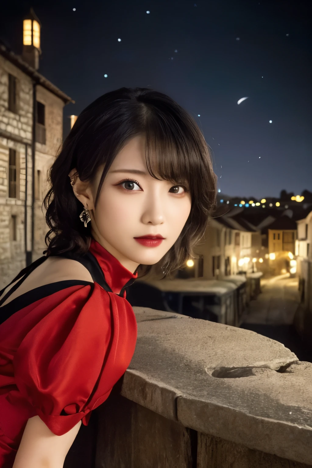 1 girl, (She is wearing a red dress:1.2), (Gothic Makeup), Portrait of a very cute Japanese symphonic metal singer, (RAW Photo Best Quality), (Realistic, Realistic:1.4), (masterpiece), 
So delicate and beautiful, Very detailed, 2k wallpaper, wonderful, finely, Very detailed CG Unity 8K wallpaper, Very detailed, High resolution, Soft light, 
Beautiful detailed girl, Very detailed目と顔, A beautiful and elegant nose, Beautiful beautiful eyes, Cinema Lighting, 
(She stands in an empty medieval town:1.3), (Night Sky, milky way), (Girl full body silhouette:1.2), (Dark screen:1.5), (I am so lonely),
(short hair), (Messy Hair), 
Perfect Anatomy, Slender body, Small breasts