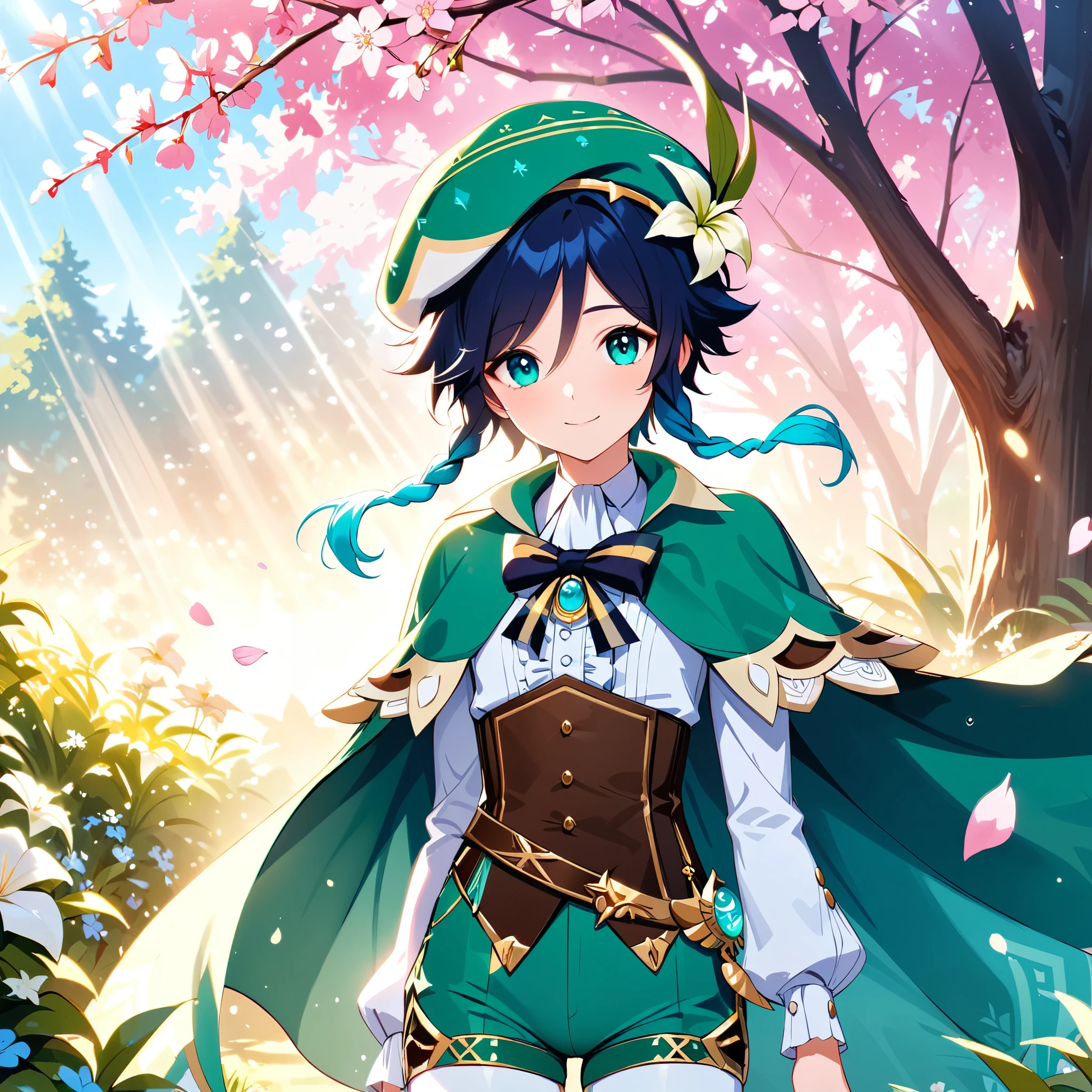 (best quality,4k,8k,highres,masterpiece:1.2),1boy,venti genshin impact,male focus,realistic:.4,cel shading,flat chest,ultra-detailed,morning of spring,delicate light rays,soft color palette,elegant curves,effects of light and shadow,flower petals falling,springtime essence,ethereal atmosphere,peaceful garden background,morning dew,soft sunlight filtering through trees,vividly colored blossoms,transcendent beauty,awe-inspiring artwork,white long-sleeved shirt, brown corset,green shorts, white tights,green cape,hat,brooch,green eyes,flirty smile,cinematic lighting, ray tracing, UHD, high details, high quality, award winning, super detail,wind,dsmile