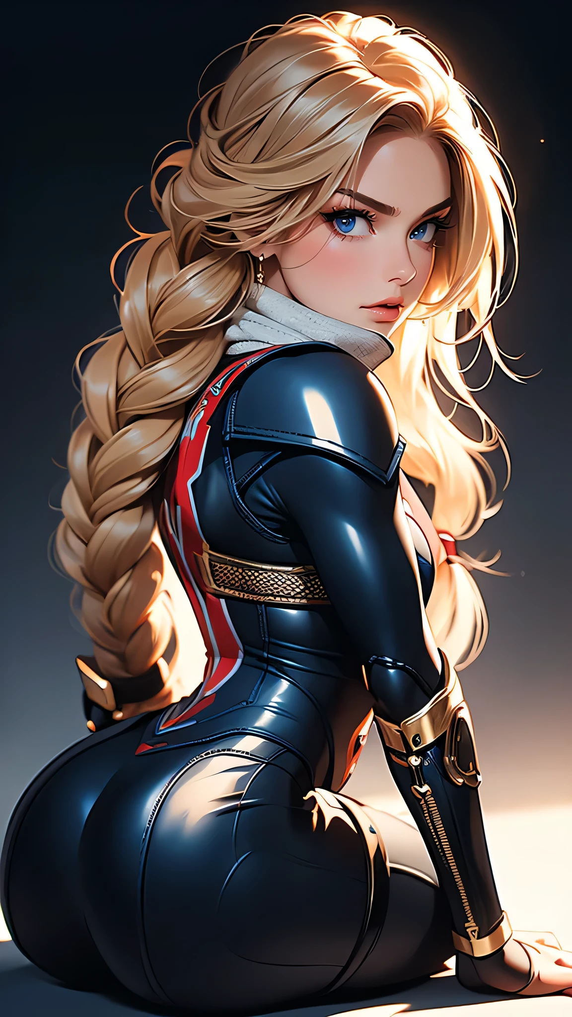 ((Masterpiece)), envision a 8k, highres, cinematic, extremely beautiful semi realistic full body pinup of a beautiful mature lady with a strong face, slender body, SheikZ, WMASK, bodysuit, mean face, ((long braided blonde hair)),  blush, flustered, side locks, round face, long sweeping bangs, blue eyes, soft lips, lip gloss, thick eyebrows, round face, ((((1girl)))), in dark lighting, against a dark gray background