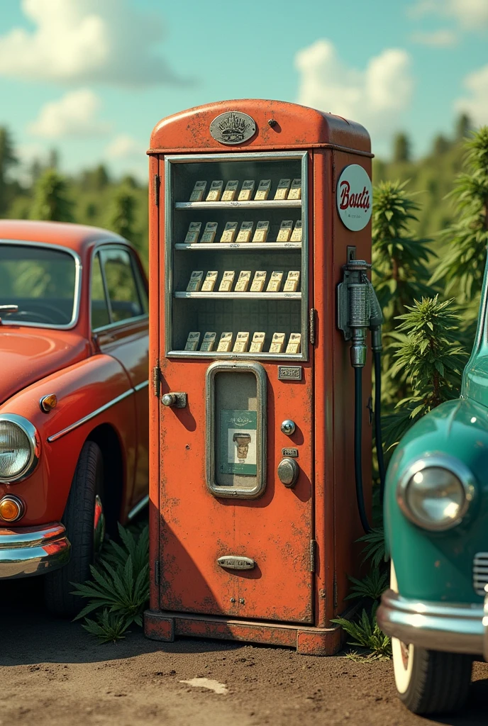 Gasoline vending machine dispensing vintage marijuana joints with classic cars around. In the background you can see marijuana plants and leaves with green and blue colors. 