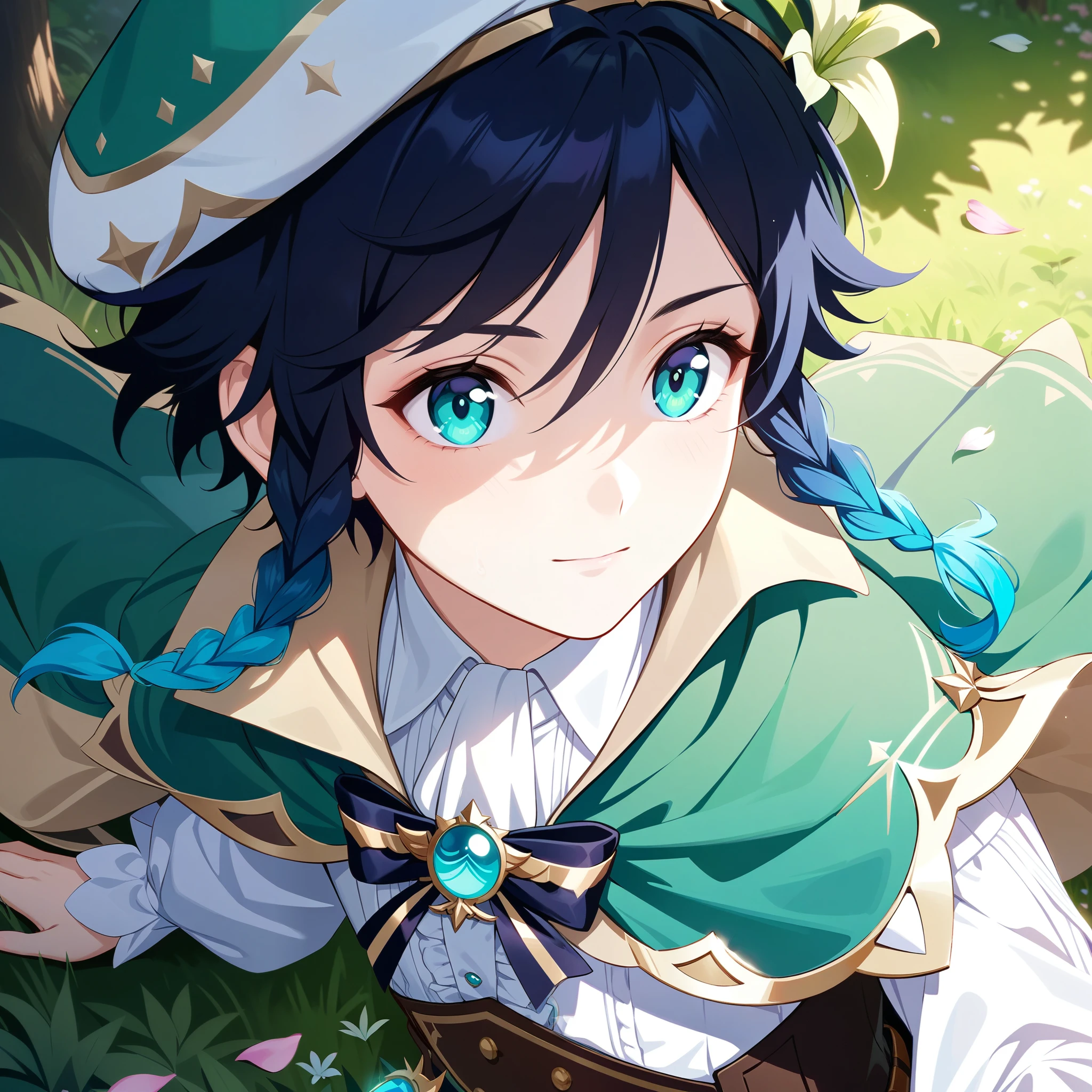 (best quality,4k,8k,highres,masterpiece:1.2),1boy,venti genshin impact,male_focus,realistic:.4,cel shading,flat chest,ultra-detailed,extremely delicate and beautiful, extremely detailed,CG,unity,light on face,hires,wallpaper, Amazing, finely detailed,heavenly light rays,soft color palette,elegant,effects of light and shadow,flower petals falling,springtime,ethereal atmosphere,peaceful forest background,morning dew,soft sunlight filtering through trees,pastel colored blossoms,mihoyo,white long-sleeved shirt, brown corset,green shorts, white tights,green cape,hat,brooch,green eyes,eye focus,cinematic lighting, ray tracing, UHD, high details, high quality, award winning, super detail,wind,fractal iridescence 