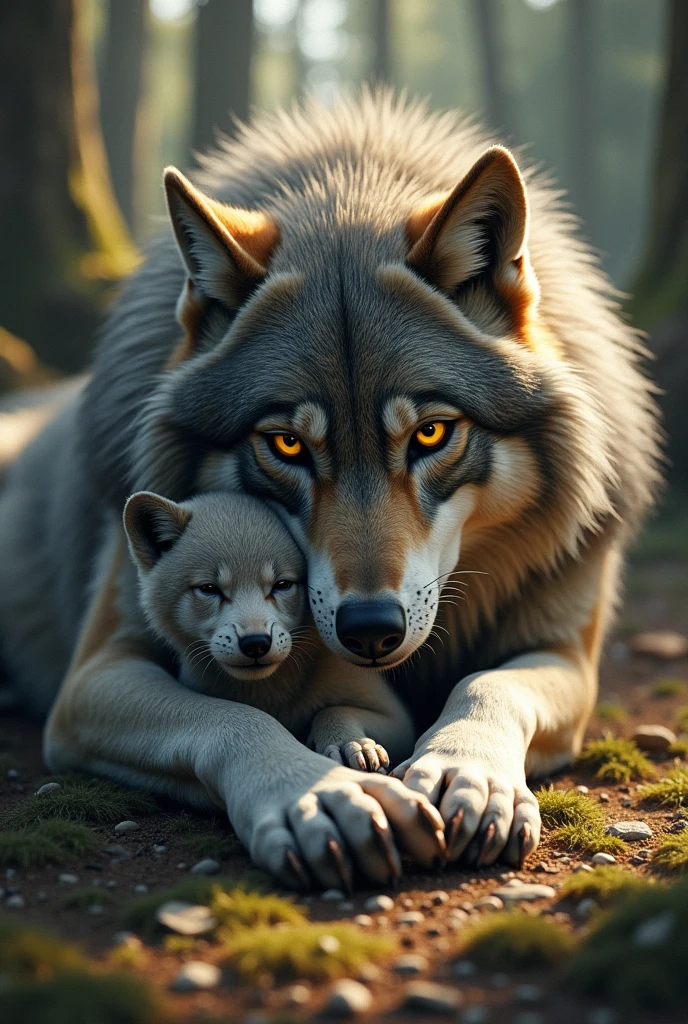 (best quality,8k,highres, masterpiece:1.2), (),ultra-detailed, HDR, UHD, studio lighting, ultra-fine painting, sharp focus, physically-based rendering, extreme detail description, professional, vivid colors, bokeh, portraits, concept artists, warm color palette, dramatic lighting, a wolf mother and her baby