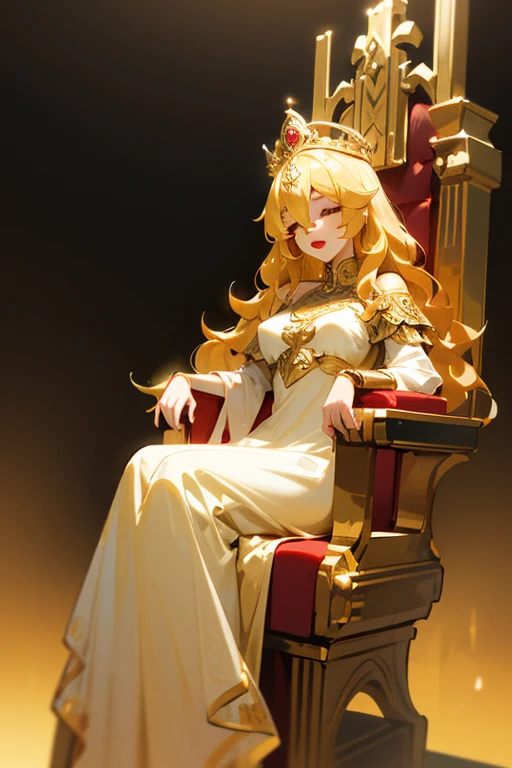  Make a goddess, eye covering strip, ((wavy yellow hair)), (full red lips) Goddess of Creation, long white dress , details in gold, medium breasts, Long hair, blonde hair, Bangs between the eyes, toys,  divinity of creation, (black band covering the eyes.) ((seated on a royal throne)) important pose, a queen&#39;s crown.